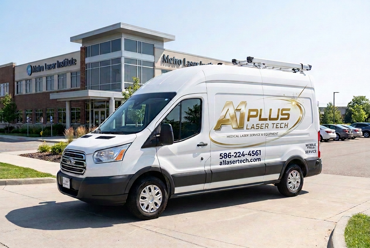 A1 Plus Laser Tech branded mobile field service van at a medical office
