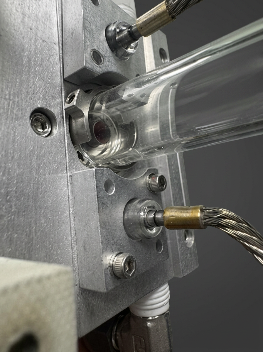 Resonator Optics & Rod — Close-up of a resonator rod and mount during optical alignment. Rod surfaces, o-rings, and electrode leads are checked for arc-tracking and clarity.