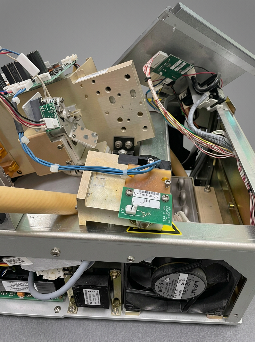 Beam Delivery Head — Beam-delivery bay opened for service: mirror mount, control PCB, and articulated-arm coupling checked for alignment drift and heat damage.