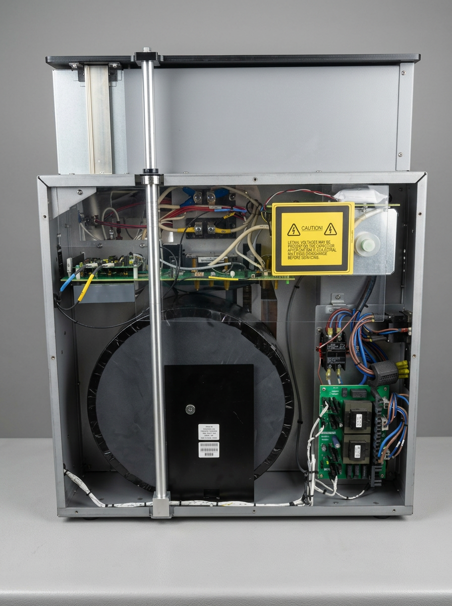 High-Voltage Section — Rear panel opened on the HV bay. Capacitor bleed verified, transformer connections re-torqued, and driver boards inspected before power-up.