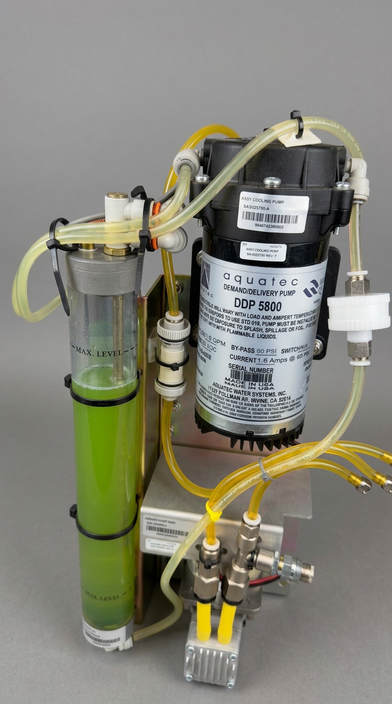 Cooling Loop — Aquatec DDP 5800 delivery pump and coolant reservoir serviced. Coolant color, level, and fittings tell us more about the system than any error code.