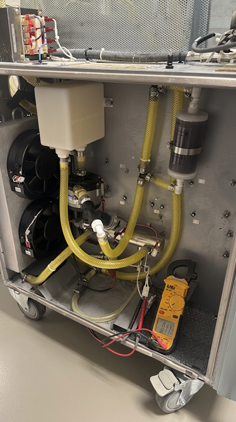 Coolant Diagnostics — Clamp-meter measurement on a coolant pump circuit while the loop is pressurized — isolating an intermittent flow fault under real operating load.
